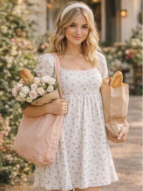 Storia Floral Babydoll Mini Dress Small Puff Sleeve Square Neck Lined Spring